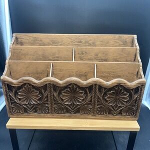 Vintage Lerner Caddy Faux Carved Wood Desktop Letter Holder Mail Organizer 7x12